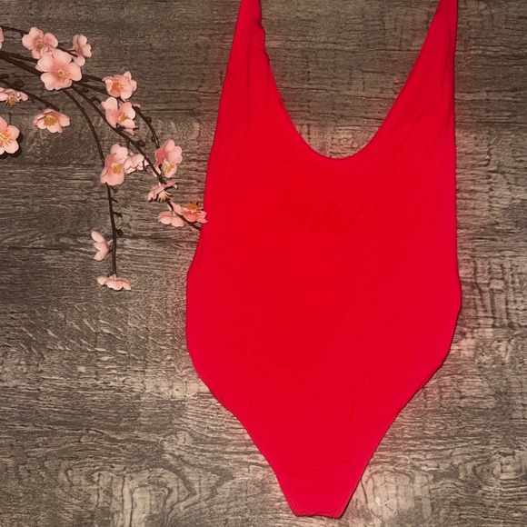 Fashion Nova Tops - Fashion Nova Bodysuit Coral Red Low Back Deep Side High Leg Y2K Baddie Medium